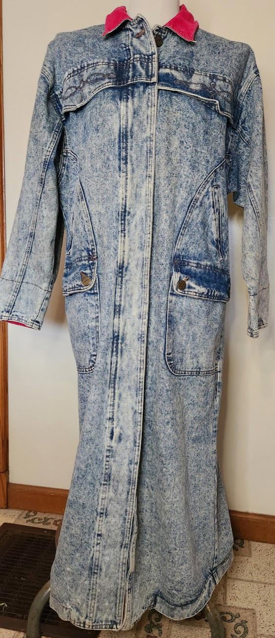 VTG 80s Andy Johns Long Trench Denim Acid Wash Boho Coat Red Corduroy Cuff Large