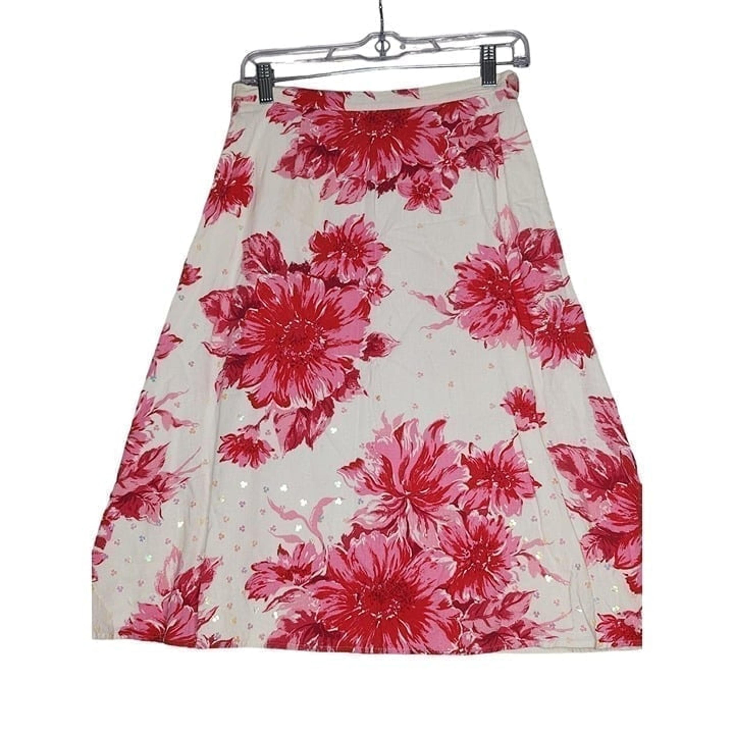 Coldwater Creek Size Petite Small Sequin Floral A-Line Skirt Pink Linen Blend Li