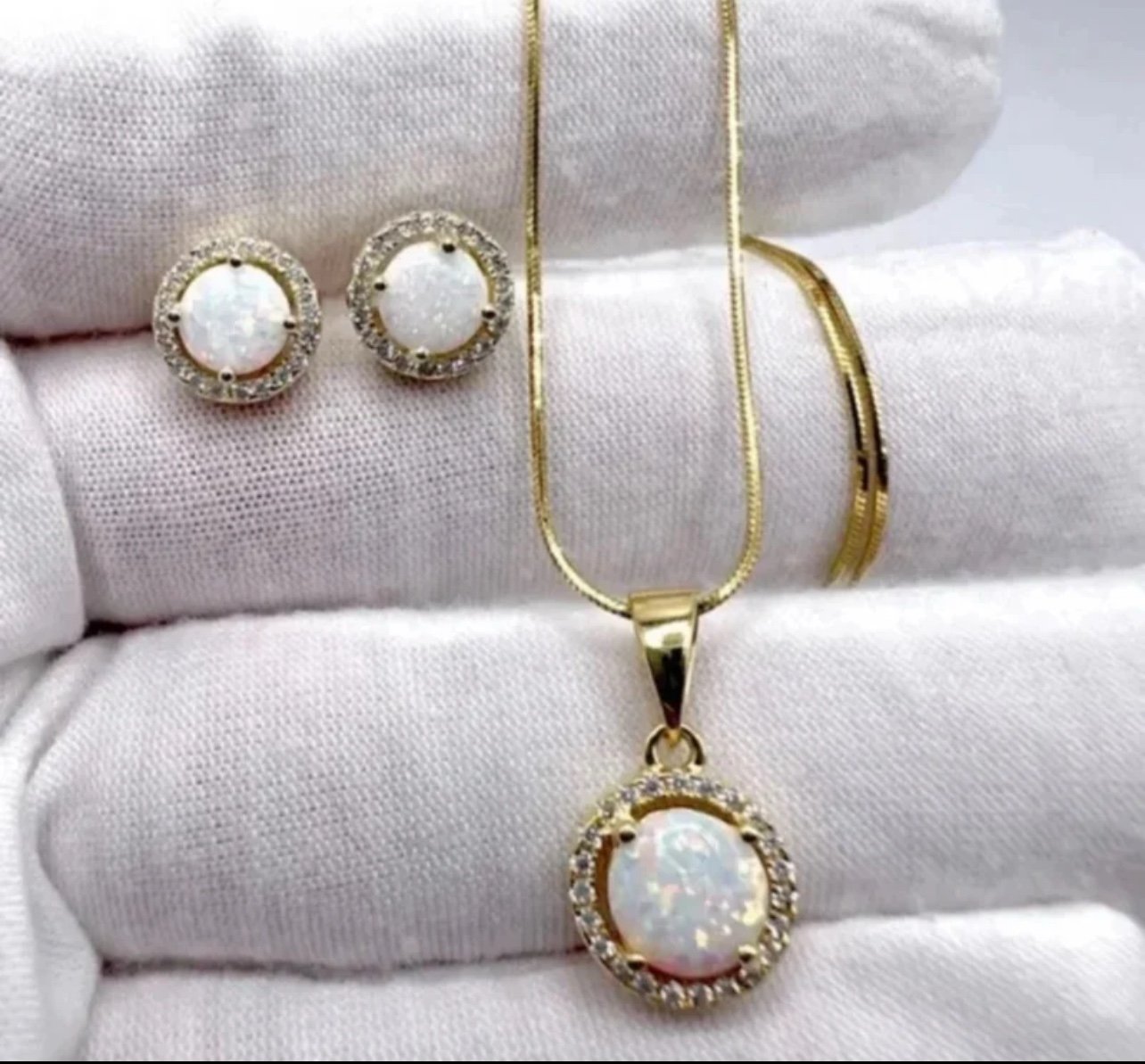 Yellow Gold Plated/Sterling White Fire Lab Opal & Cz Earring & Necklace Set