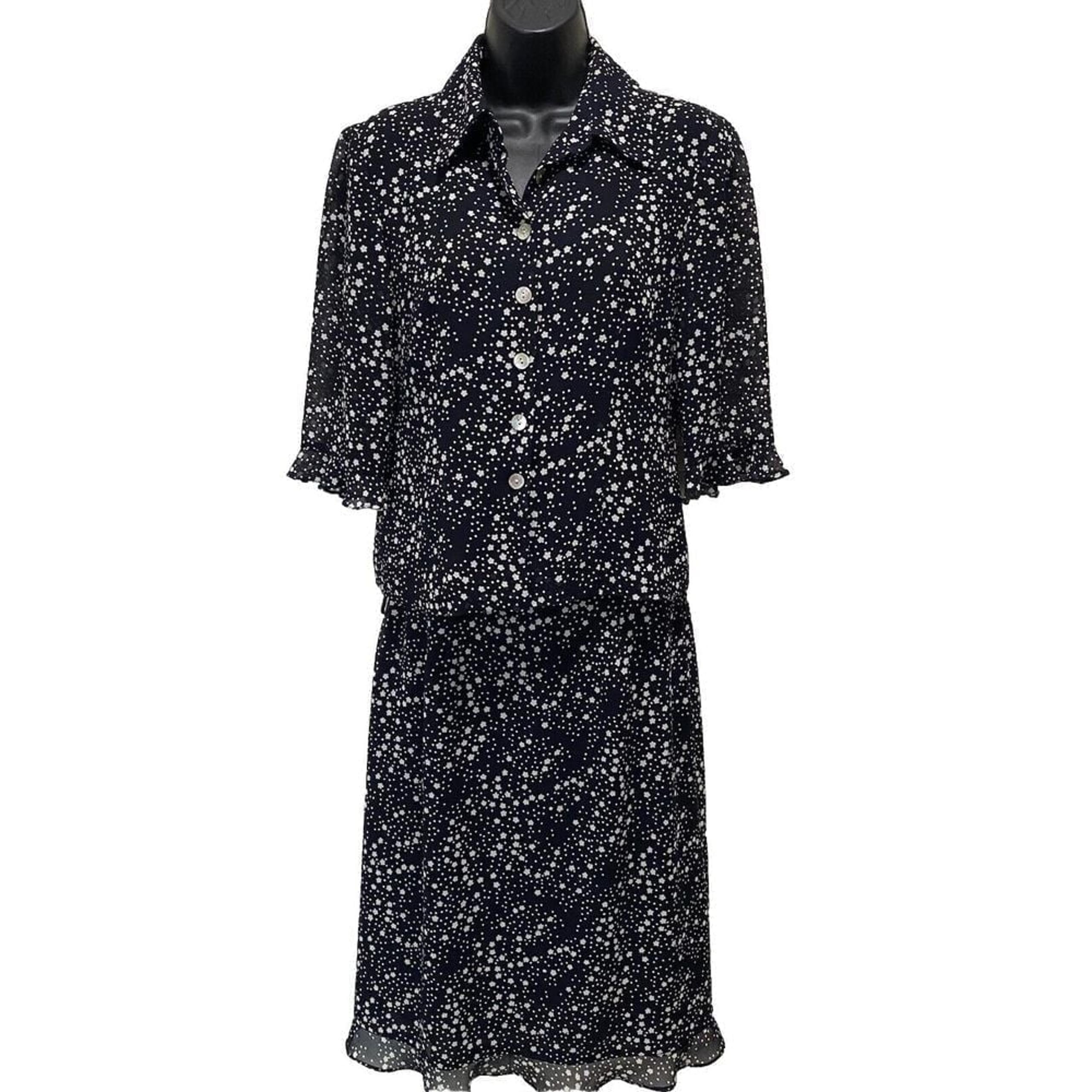Cynthia Howie Black/White Flowers/Polkadot Button Up Top & Skirt Ruffle Sz 4 Set