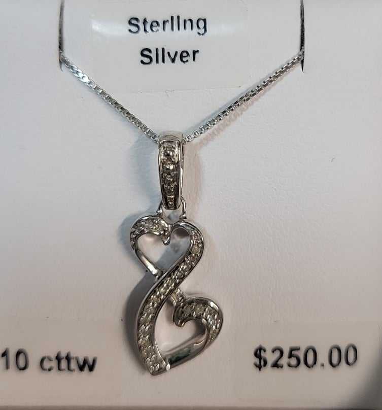 NEW Diamond double heart necklace. Sterling. ESTATE