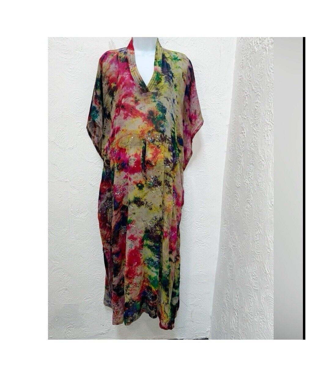 Silk Bright Multi-Color Tie Dye Drawstring Sequin Embroidery Dress. Size M/L EUC