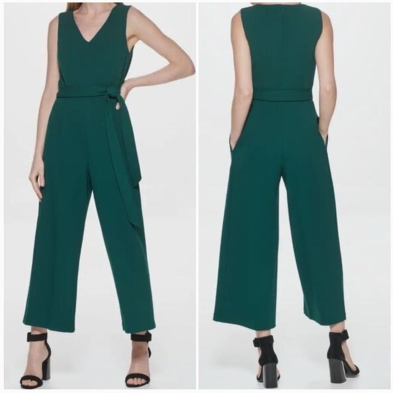 Calvin Klein Forest Green Sleeveless V-Neck Tie Waist Wide Leg Jumpsuit