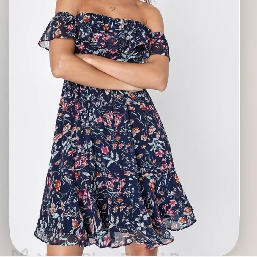NWT Lulus My Favorite Navy Blue Floral Print Off the Shoulder Dress MEDIUM