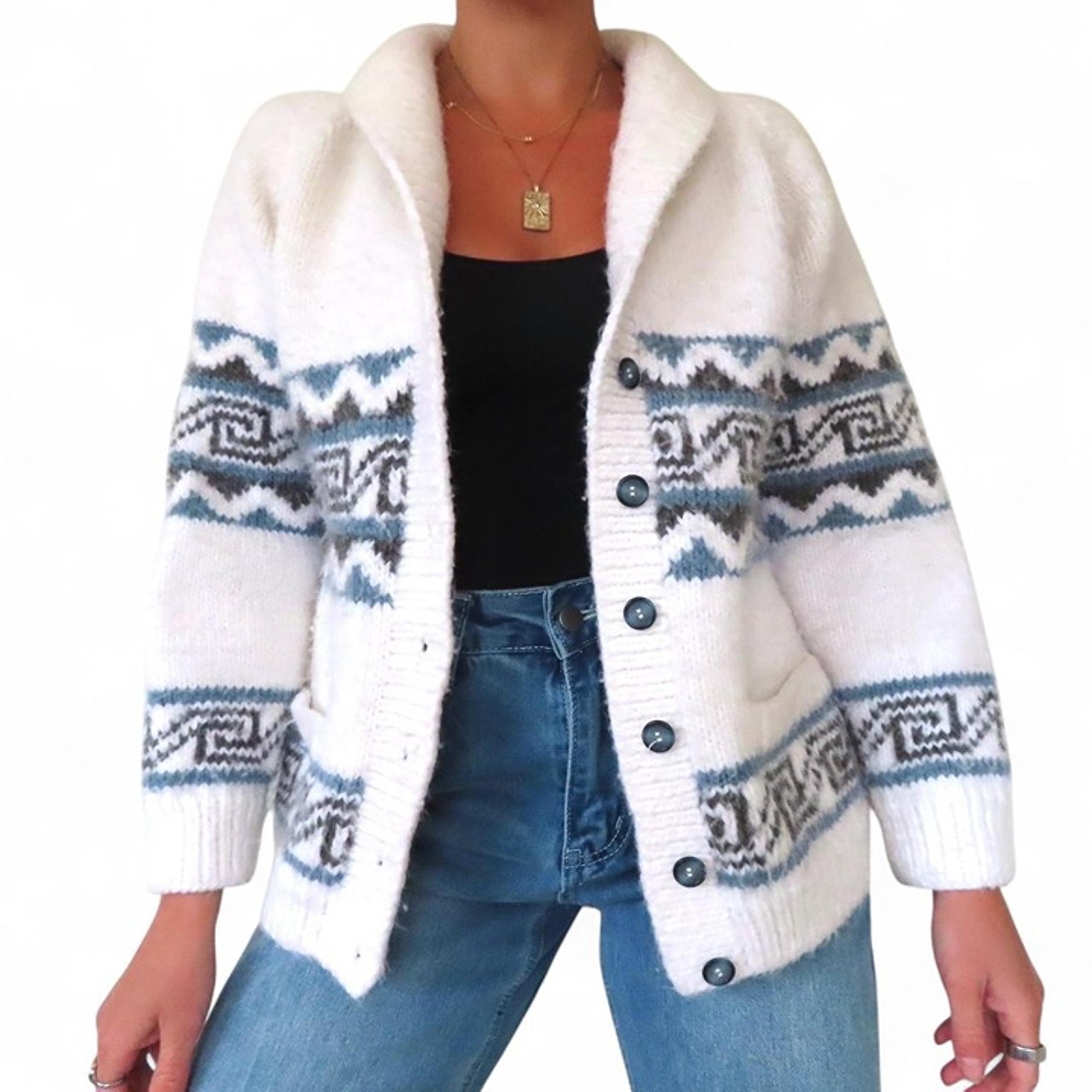 AMERICAN VINTAGE CREAM BLUE VINTAGE CARDIGAN 80S SWEATER SIZE MEDIUM