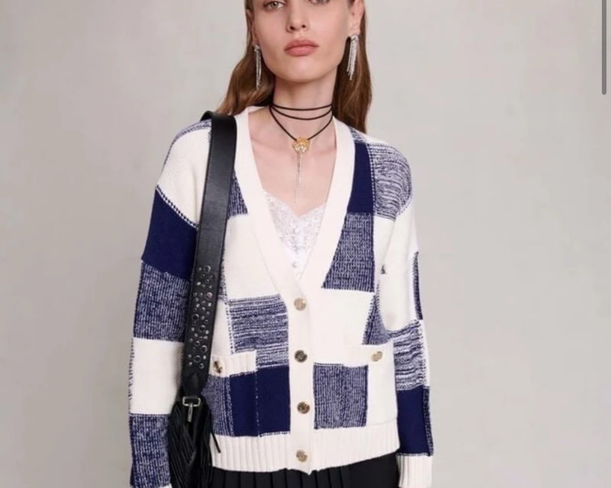 MAJE Mycheck Patchwork Cardigan in Blue size M