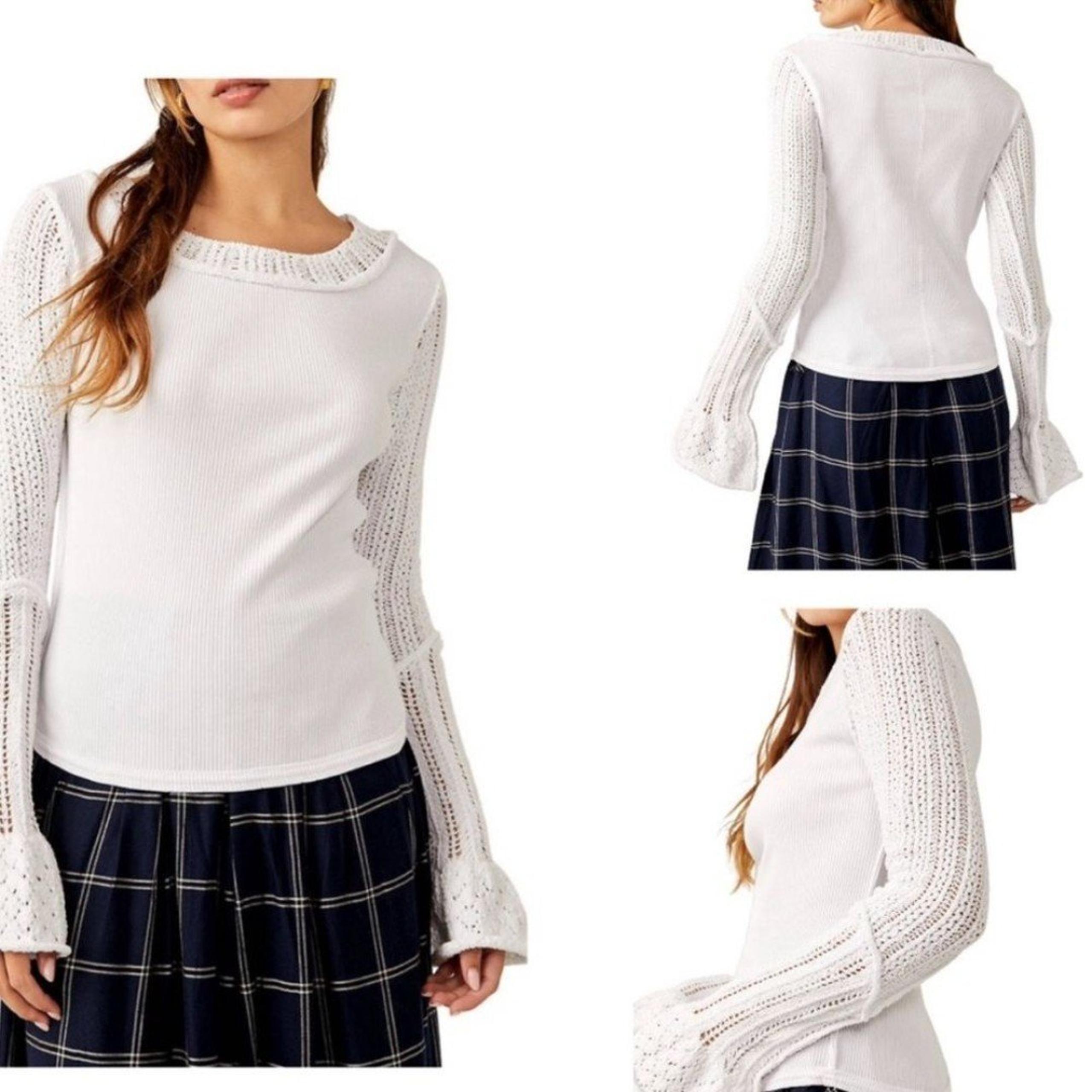 Free People Cuffing Season White Crochet Knit Long Sleeve Top size Small