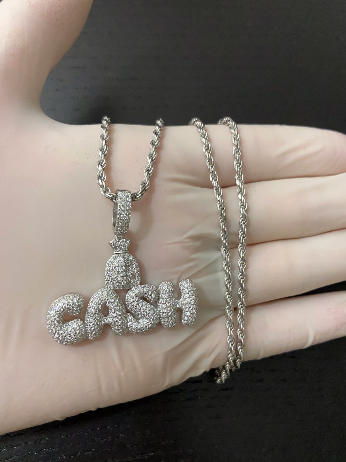 14k white gold money bag cash necklace