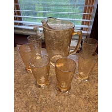 Vintage Jeanette Glass FloraGold Depression Glass Pitcher and Tumbler Set
