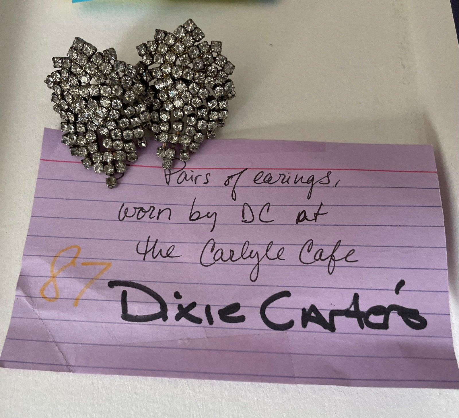 RHINESTONE EARRINGS. USED BY DIXIE CARTER . At the Carlyle Caffe