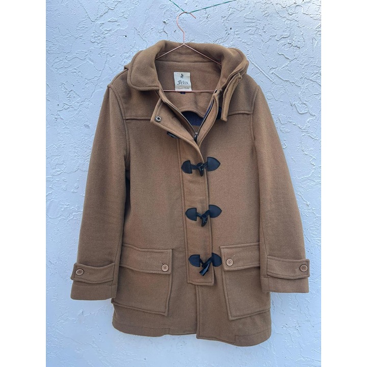 Felix Unisex Full Zip Hoodie Classic Fit Wool Duffel Overcoat Coat Tan Sz M