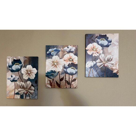 New 3-Piece Lotus Flower Canvas Wall Art, White & Indigo Floral Wall Decor
