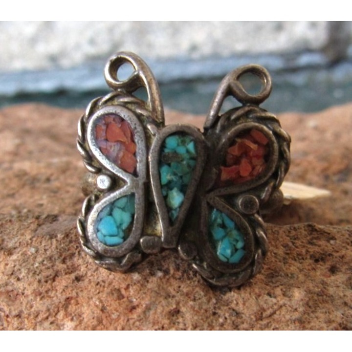 Vintage Native Southwestern Sterling silver Turquoise Coral butterfly ring size