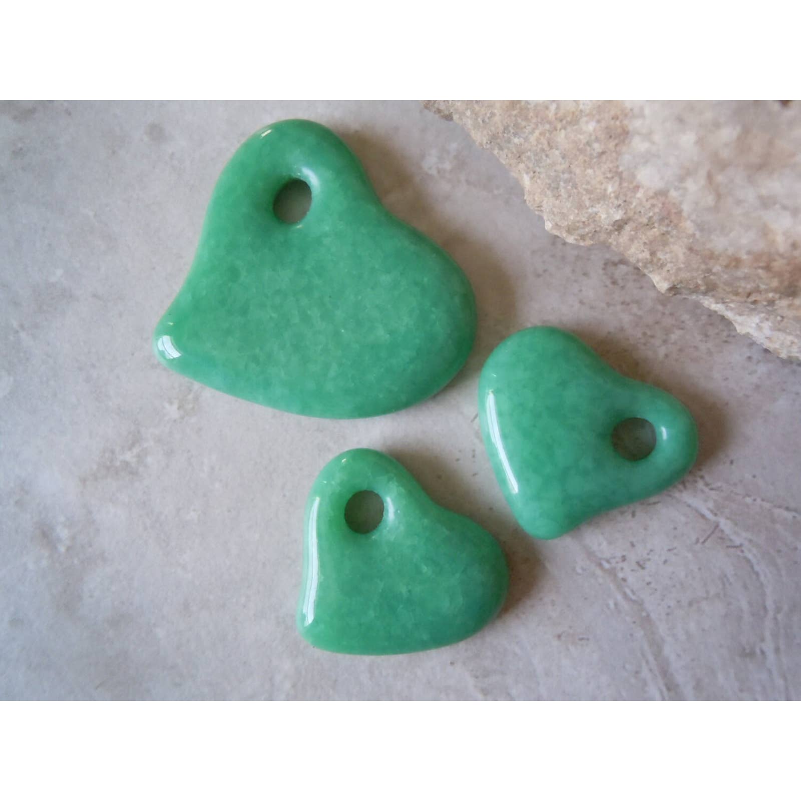 Mottled Mint Green. Cast Glass Hearts. Handmade Pendant Bead Set. C-04