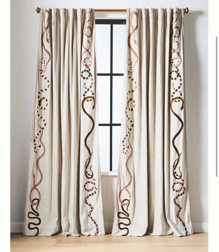 New Anthropologie Marwa Embroidered Snakes Curtain Panel 63 x 50 Taupe