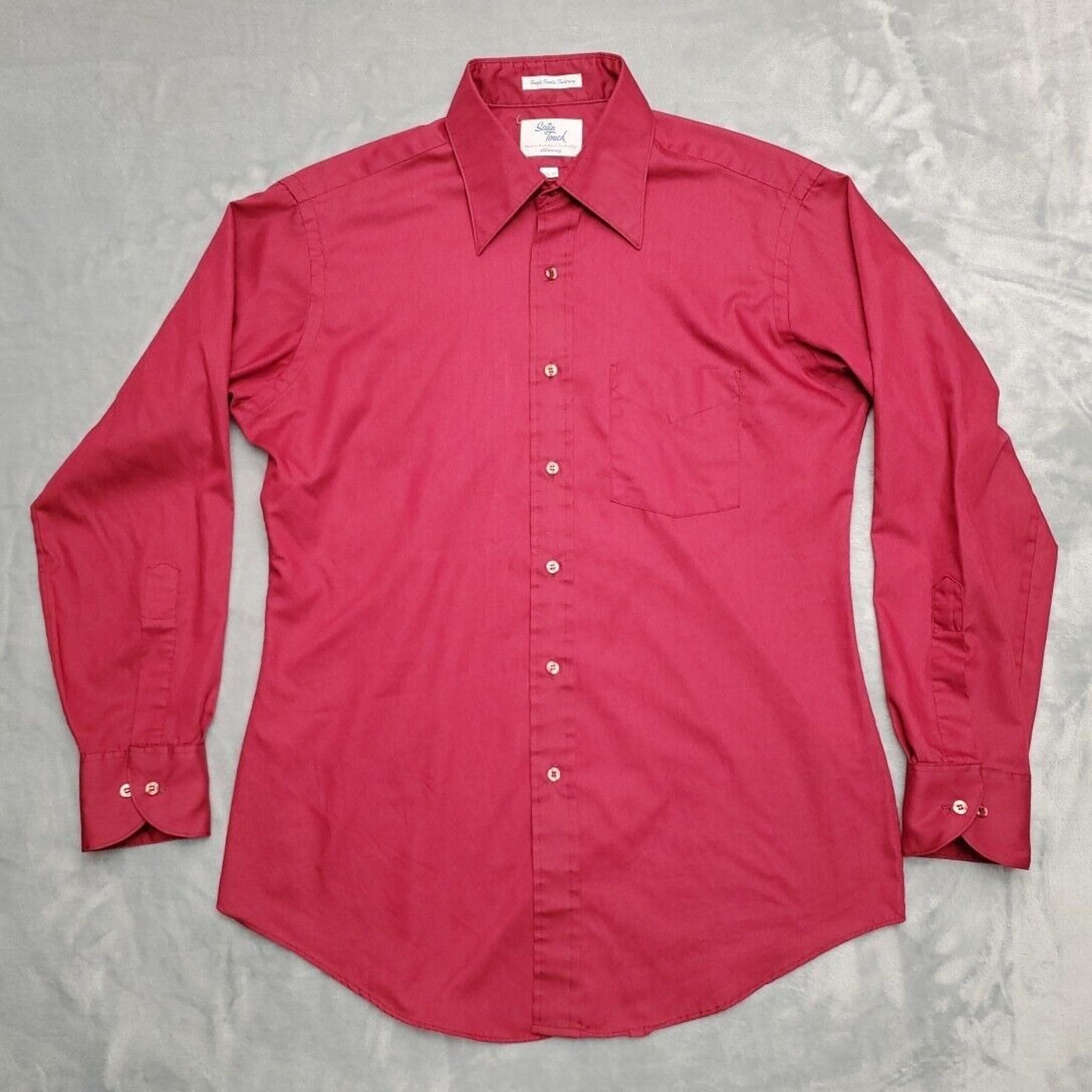 Vintage JCPenny Shirt Men 16.5 Maroon Tapered Button Long Sleeve Single Needle