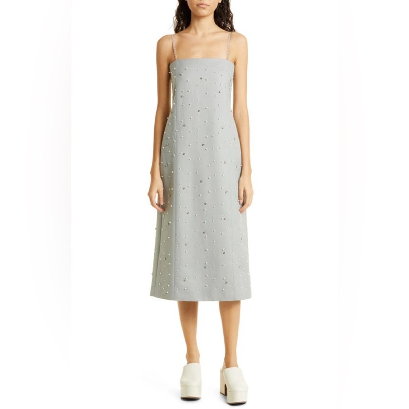 STINE GOYA Aly Wool Blend Beaded Pearl Rhinestone Gray Midi Dress M