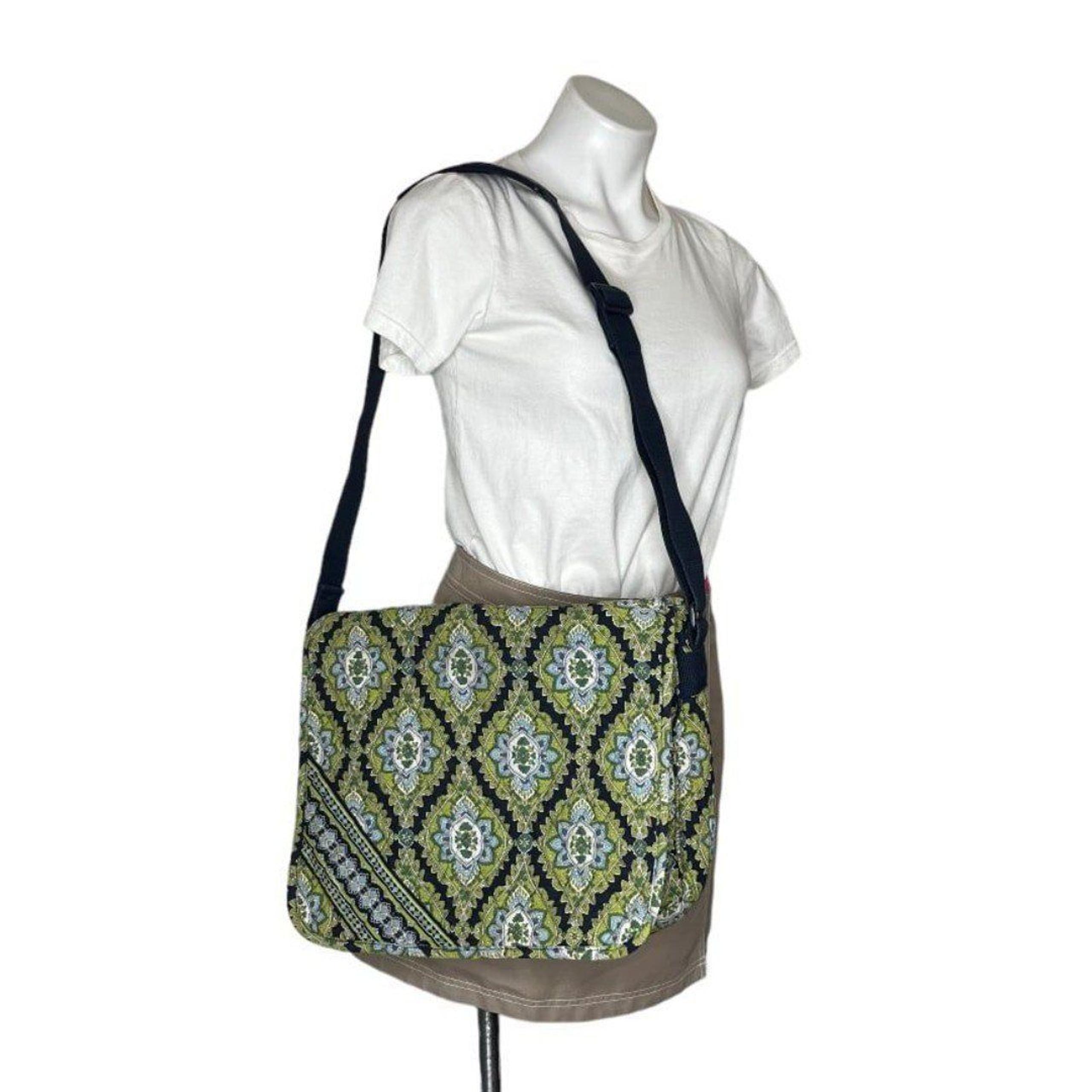 VERA BRADLEY Messenger Bag Cambridge Pattern Black Green White Adjustable Strap