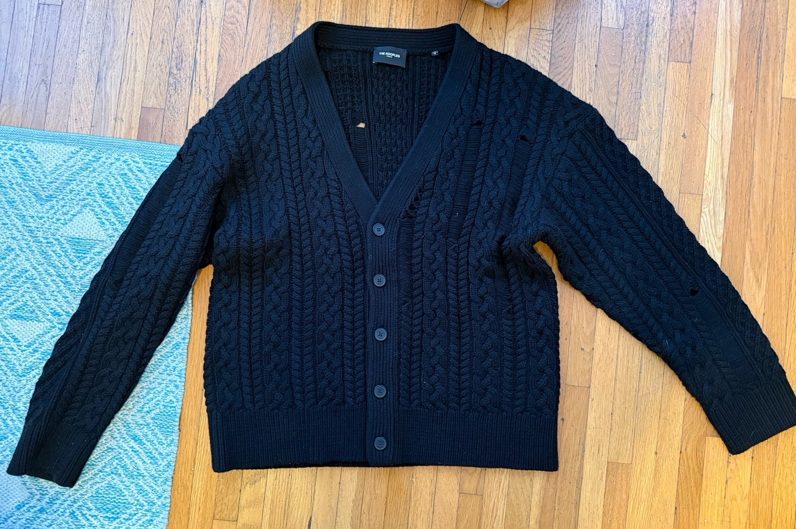 NWOT The Kooples Distressed Black Cable Knit Cardigan