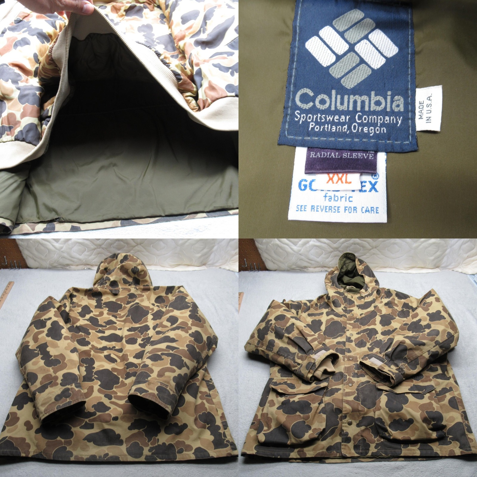 Columbia GoreTex Jacket Men XXL Green Camo Canvas Reversible Liner 3in1 USA VTG