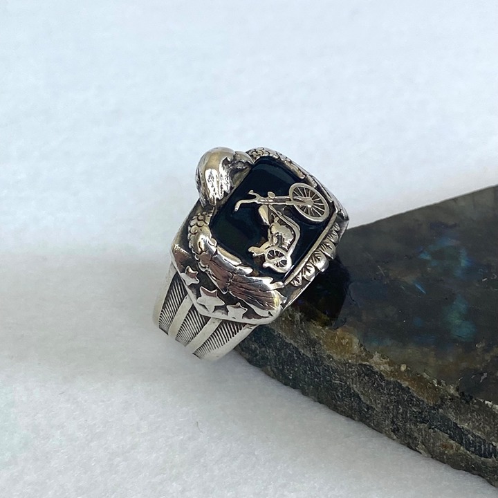 Sterling Silver 925 BGE Heavy Black Onyx Motorcycle Eagle