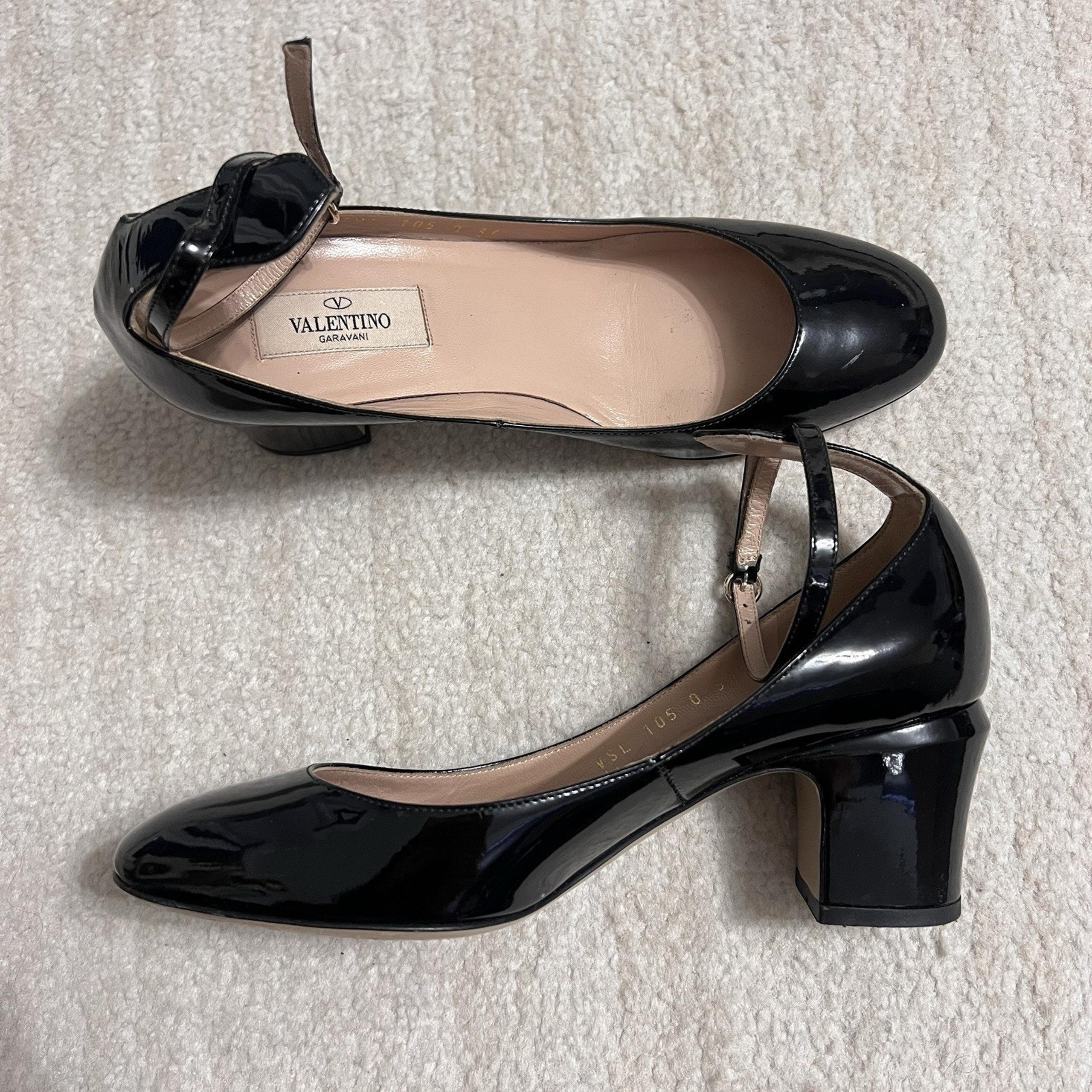 Valentino Tango Heels Pumps Black Patent Leather Ankle Strap Size 37/ 7