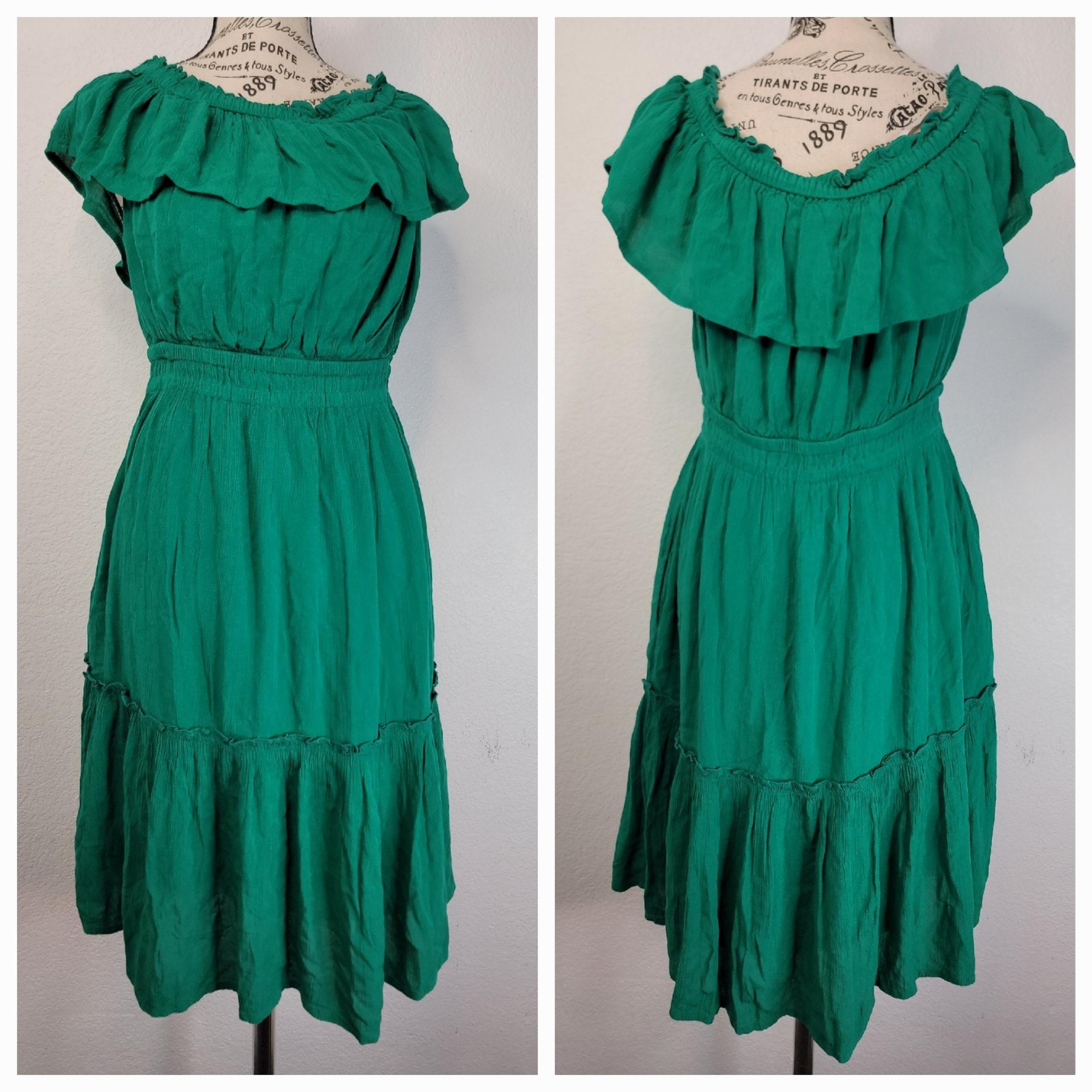 Tommy Bahama Midi Dress XS Layered Off Shoulders Green Cottagecore Bohemian