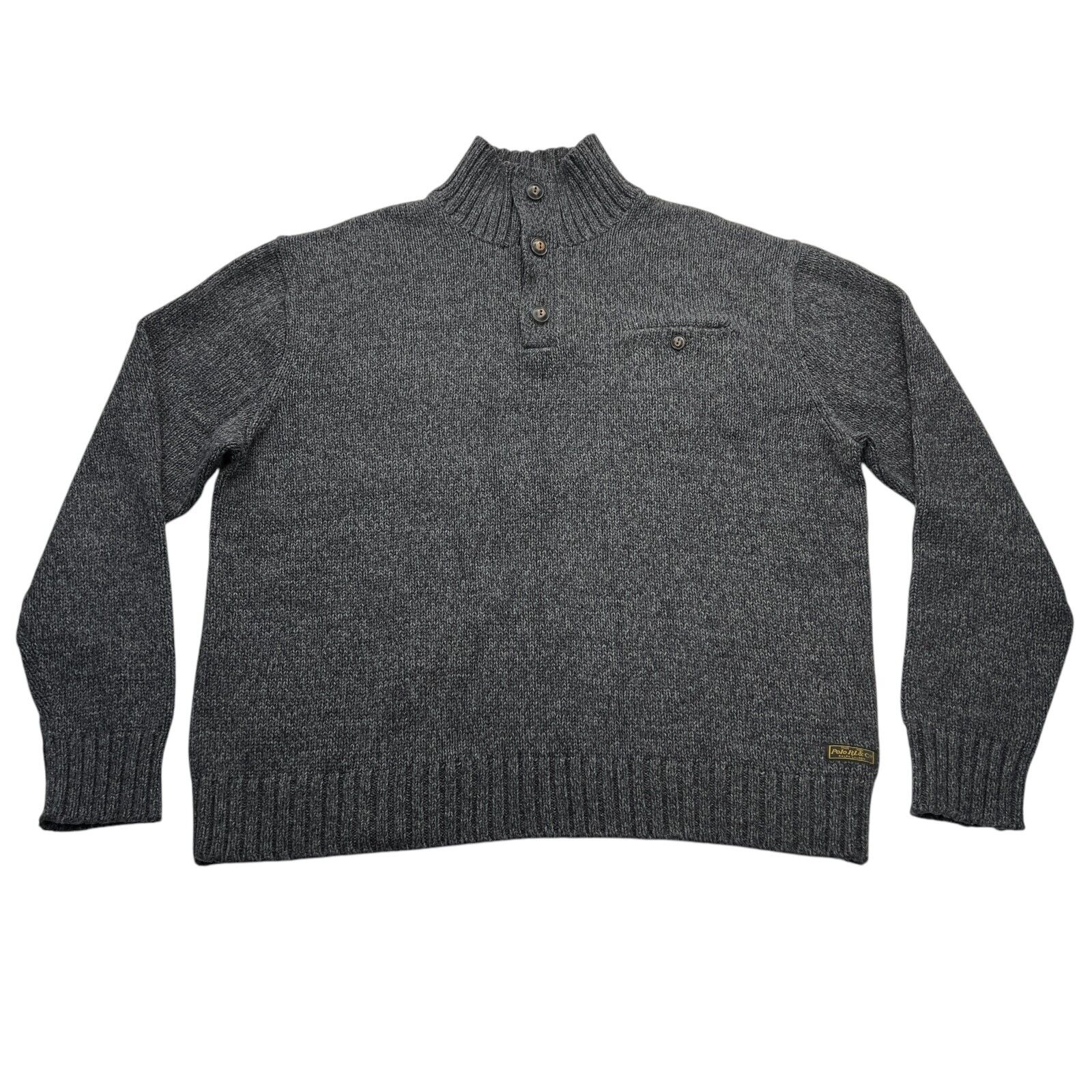 Vintage Polo Ralph Lauren Men's XL Cotton Knit Sweater 1/4 Button Gray Pocket