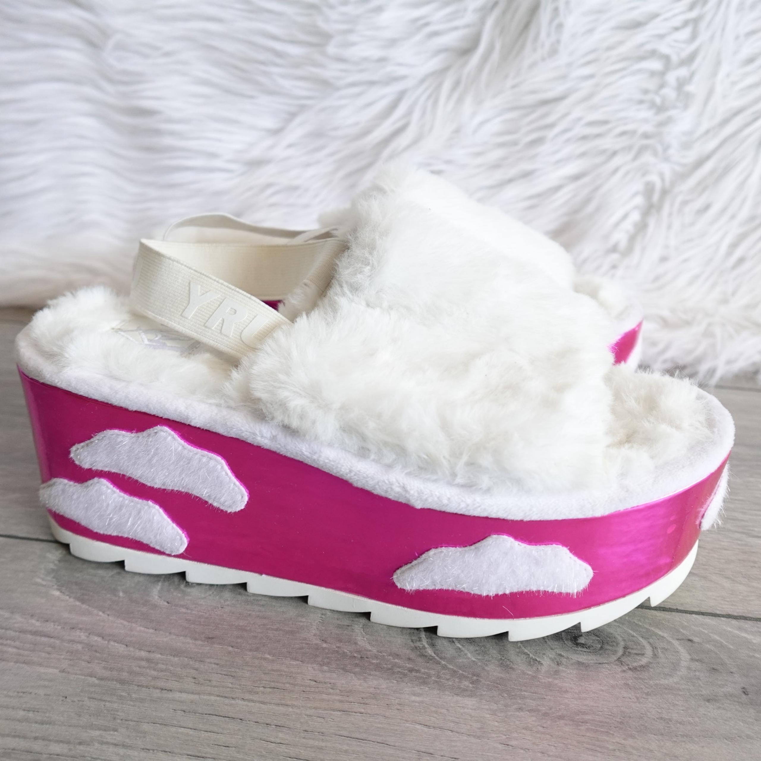 Dolls Kill YRU Metallic Pink White Fluffy cloud Platform Slingback Sandals 38