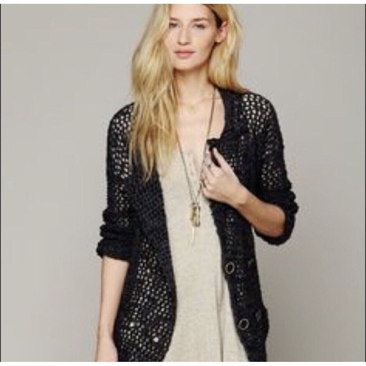 Free People Linen Blend Crochet Open Fish Net Knit Cardigan Boho Beach Gray XS