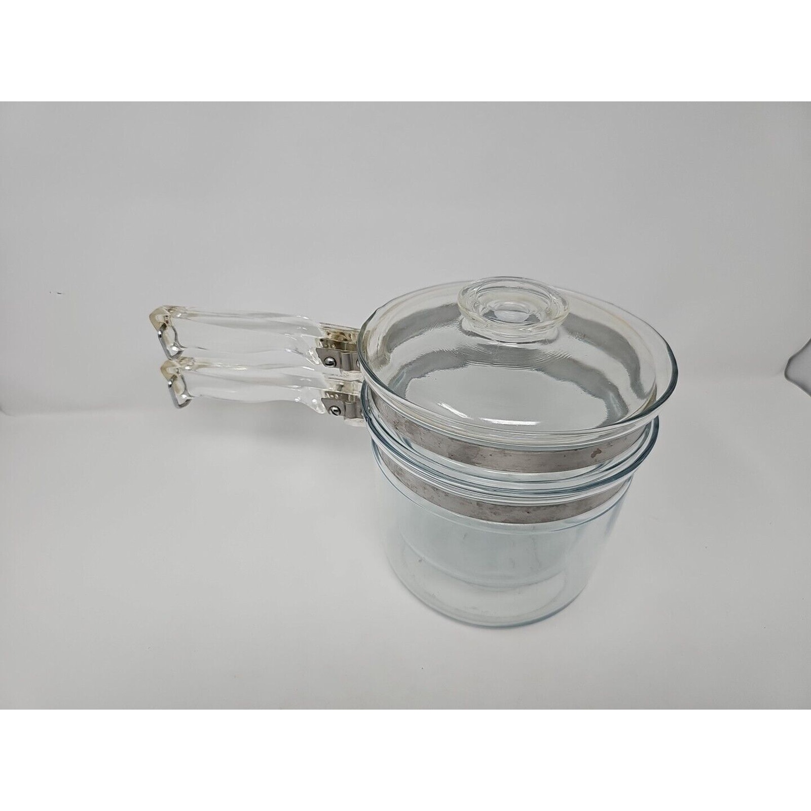 VTG PYREX Flameware Double Boiler Pot 6283 Clear Glass Complete w/ Lid & 2 Pans
