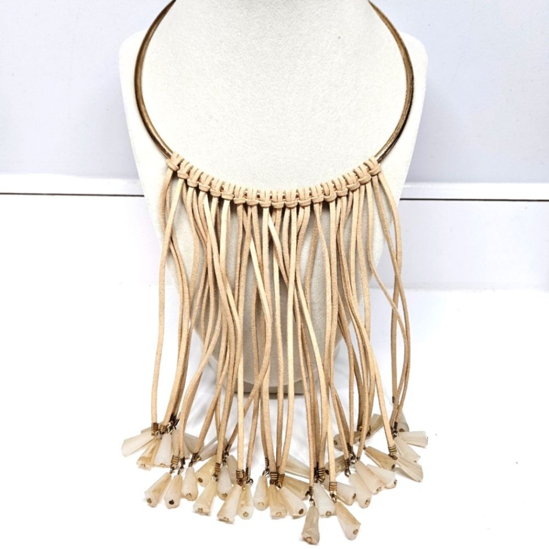 VINTAGE Metal Elegant Tan Leather Fringe Glass Bead Collar Necklace Choker Boho