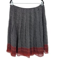 Anne Klein Silk Skirt 14 Black White Polka Dot Red Lace Hem Full Flare Pinup