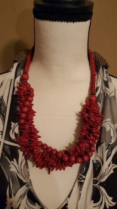 Coral Red/Deep red color stacked mixed bead/bone style Vintage necklace