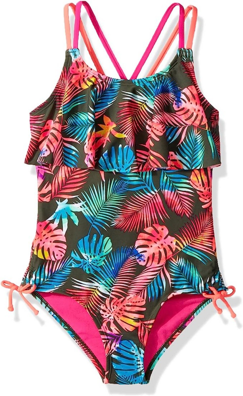 Angel Beach Girls Olive Ground Floral Print Flounce One Piece Swimsuit size 12