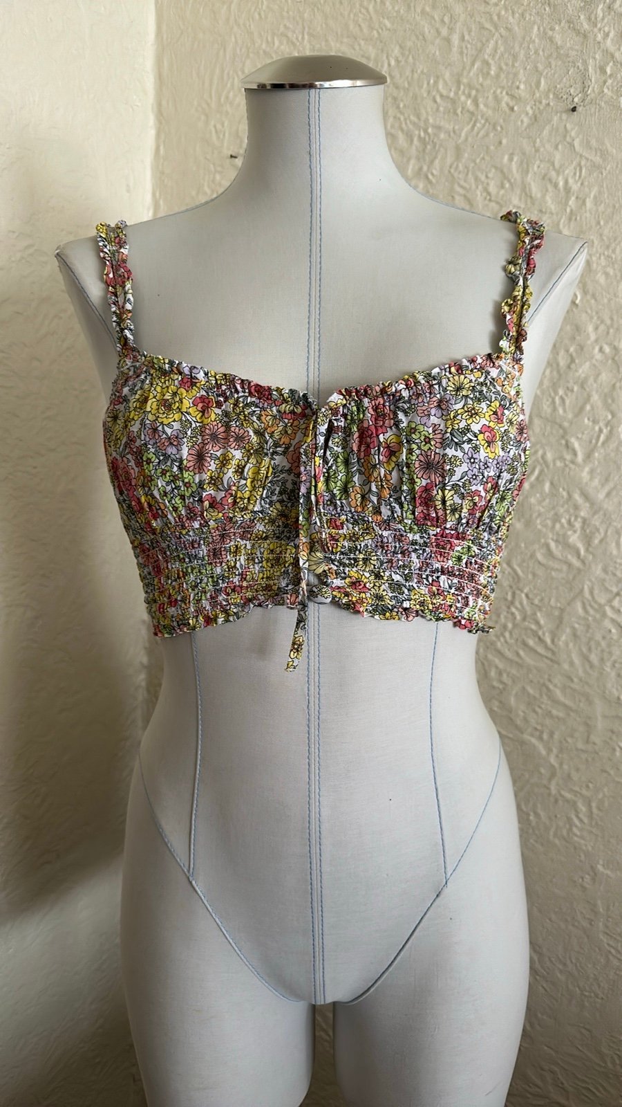 For Love and Lemons Esme Cami Crop Tank Top Pink Yellow Floral Keyhole Small