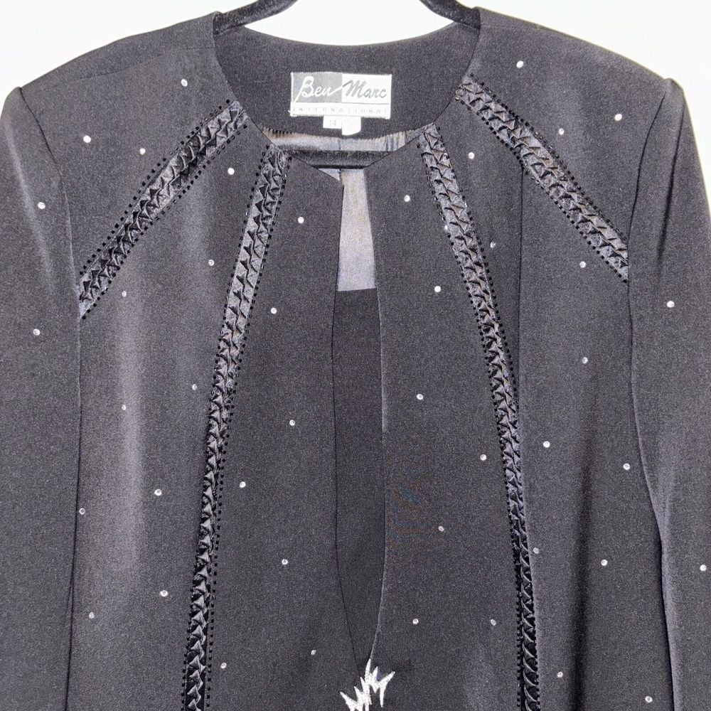 Ben Marc International Black Long Sleeve Rhinestone Satin Blazer Jacket Sz 14