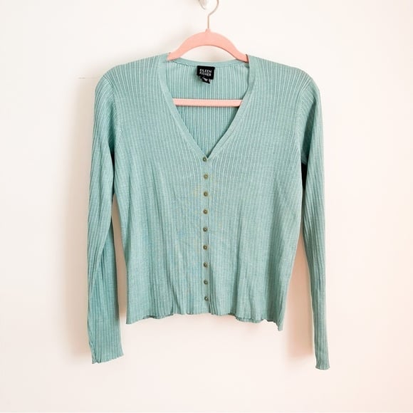 Eileen Fisher Blue Green Silk Linen Blend ribbed V Neck Cardigan Sweater XS