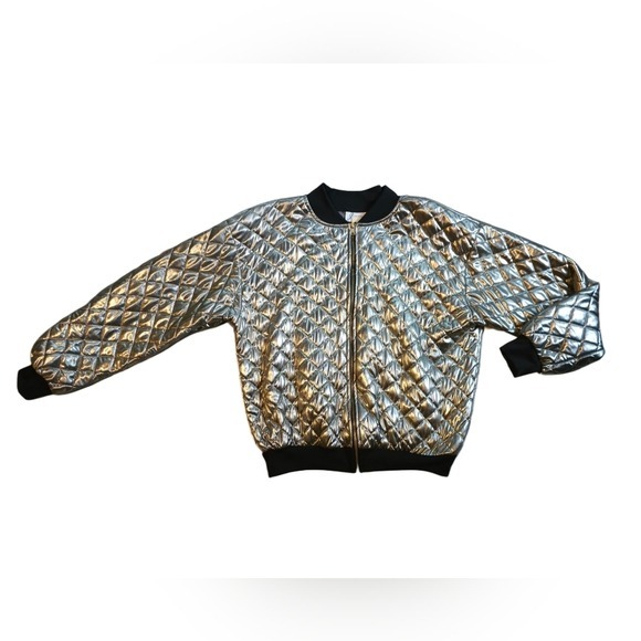 Vintage Joanna Womens Metallic Silver Quilted Bomber Jacket Size Medium