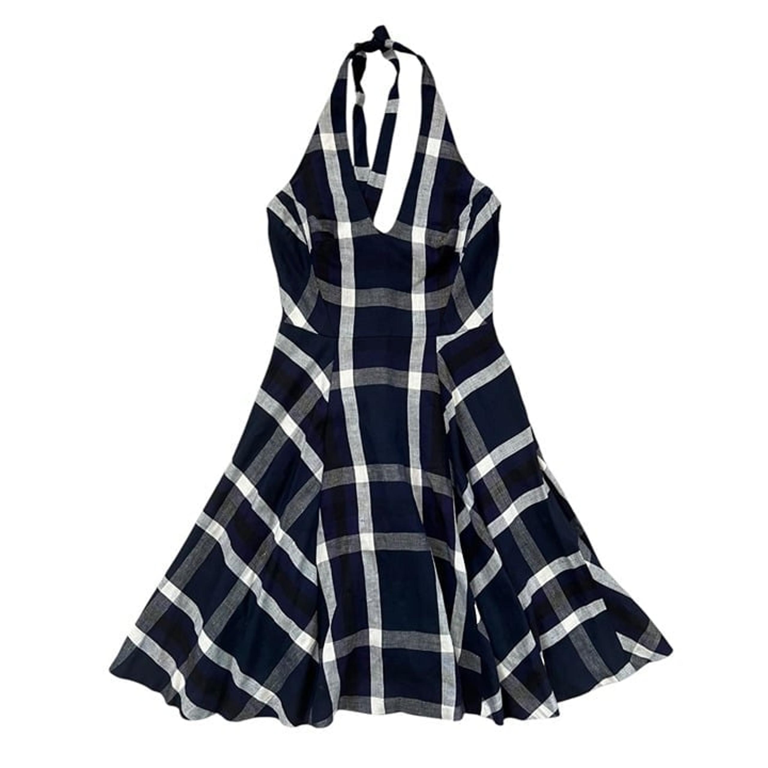 Eva Franco Plaid Halter Linen Blend Knee Length Dress Navy Size 2