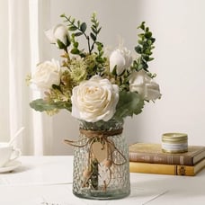 New Fake Flowers with Vase, Silk Roses Faux Flower Arrangement for Office Decor