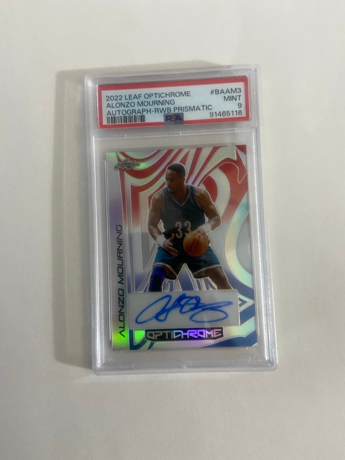 2022 Leaf Optichrome Alonzo Mourning 2/3 #BAAM3 Autograph RWB Prismatic Mint 9