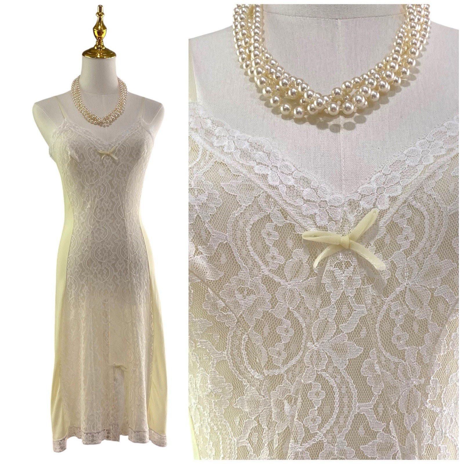Vintage 60s German Perlon Pastel Yellow & Lace Bows Pinup Full Slip Dress Size S