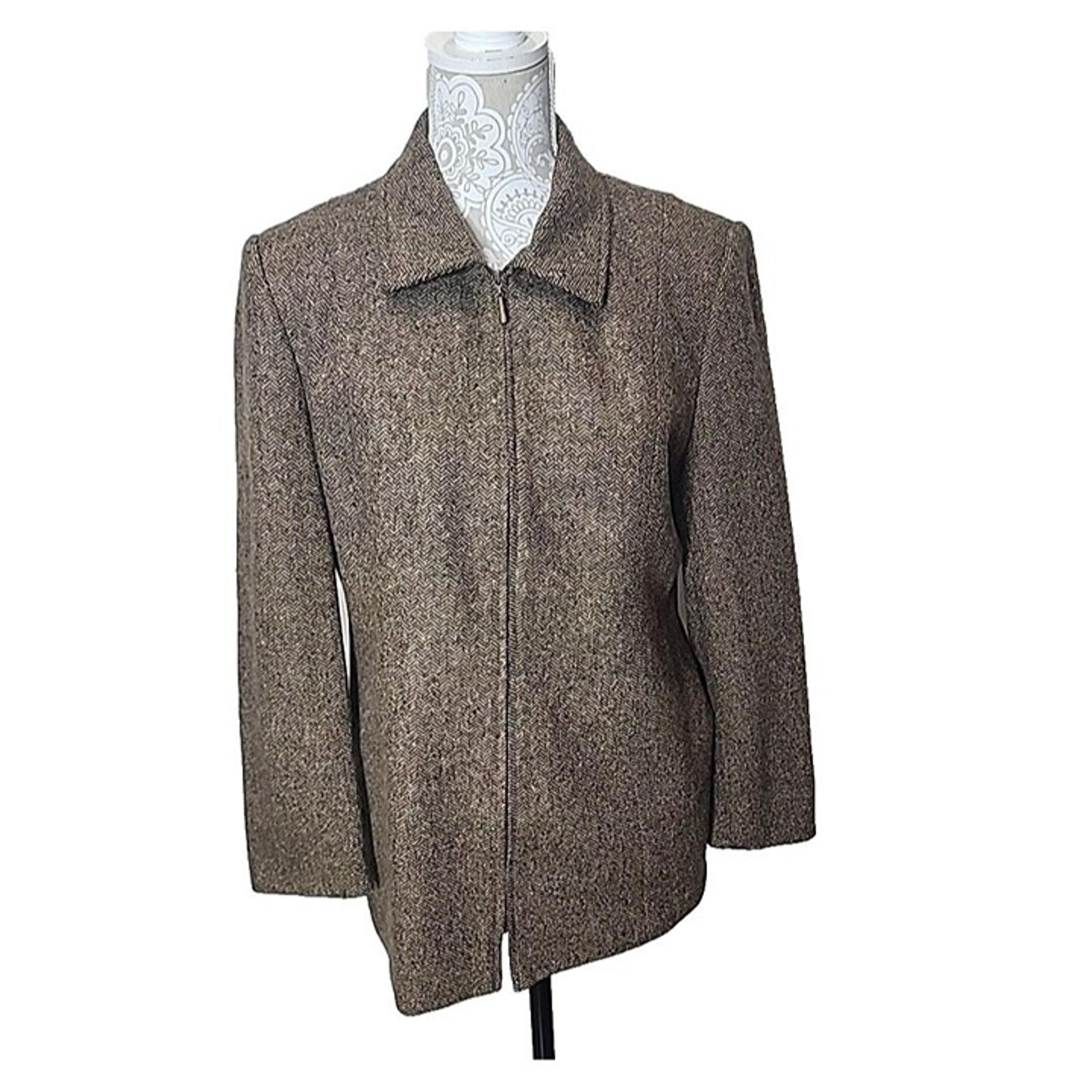 Talbots Wool & Silk Jacket Coat Brown Tweed Full Zip Herringbone Lined Women's 8