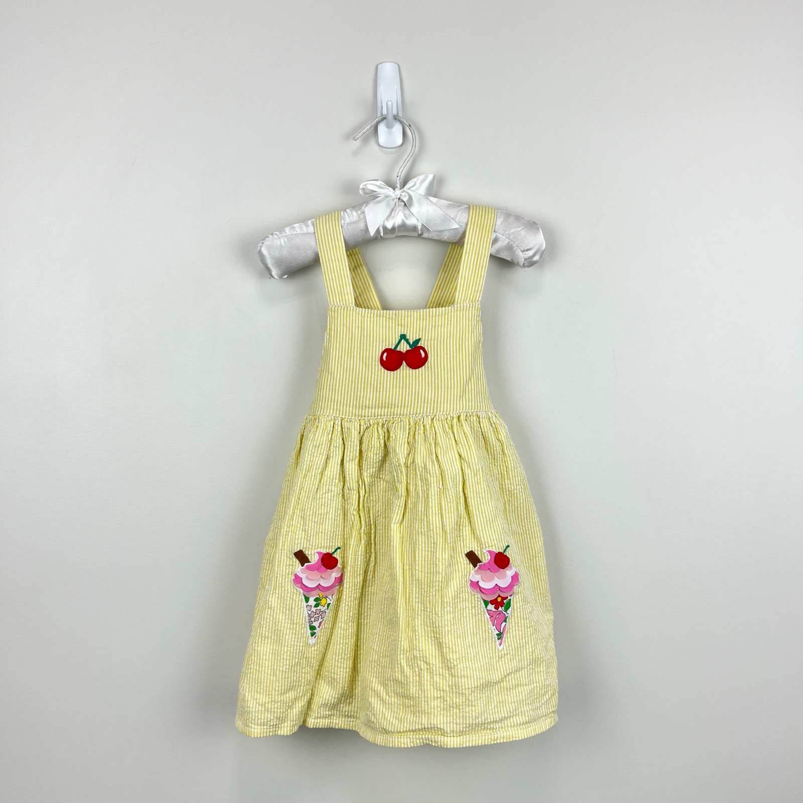 Mini Boden Yellow Seersucker Applique Ice Cream Pinafore Dress 18-24 Months