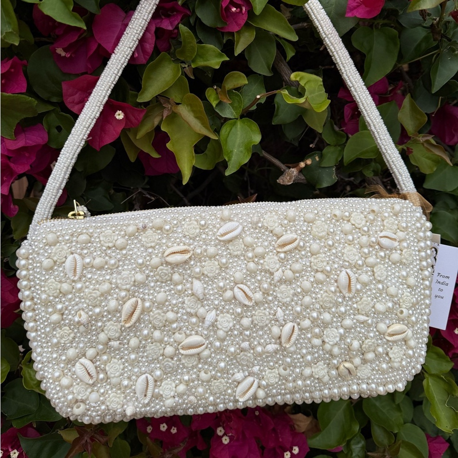 NWT Viral White Cream Beaded Shell Seashell Pearl Rose Flower Shoulder Bag