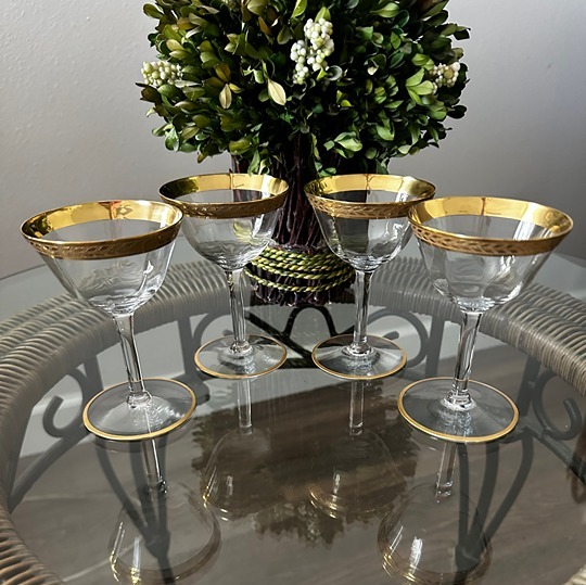 TIFFIN FRANCISCAN Laurel Leaf Gold Encrusted Optic Crystal Cordial Glass Set 4