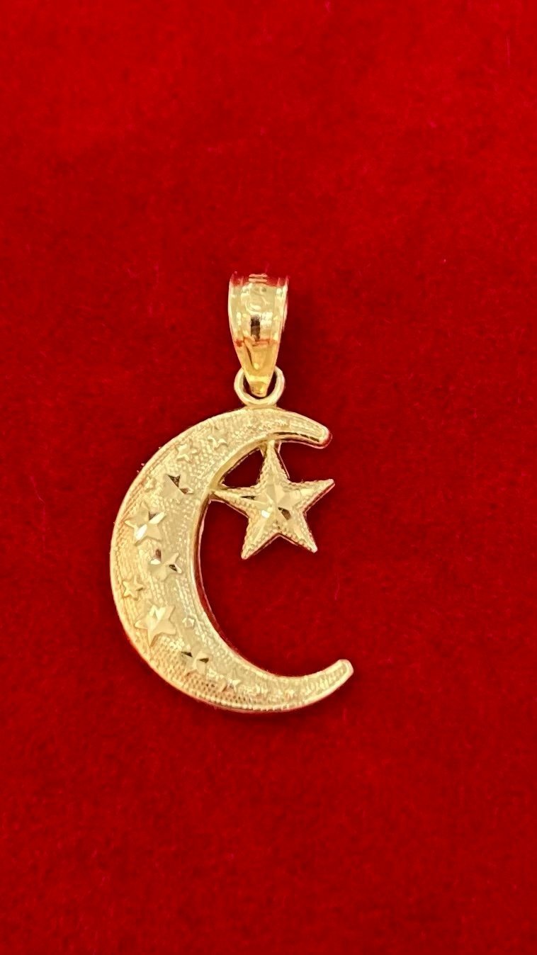 14K Real Gold Pendant Moon & Stars