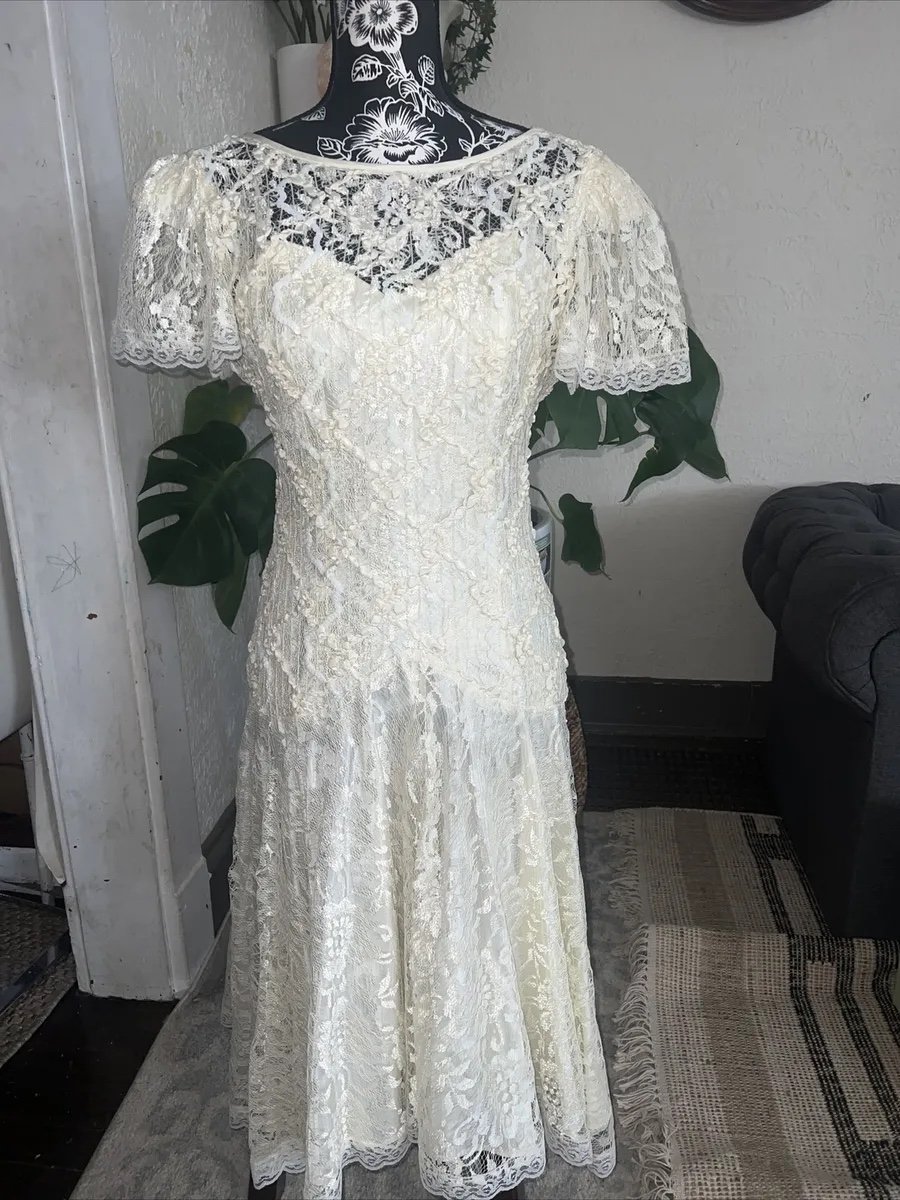 Vintage Ivory Cream Lace sequin Dress Size 10