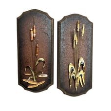Vintage MCM Cattail Copper Brass Wooden Wall Plaques Decor Retro
